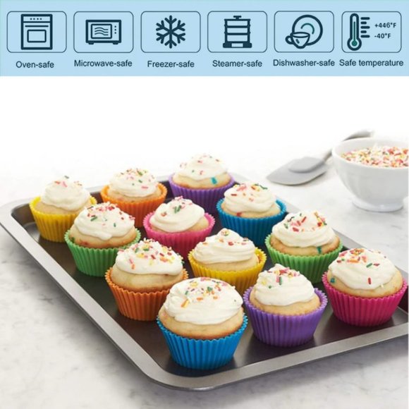12 Reusable Food Safe Silicone Muffin Baking Cups - Picture 2 of 6